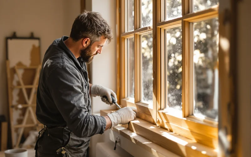 Ponçage et remise en peinture d'un châssis en bois par un artisan