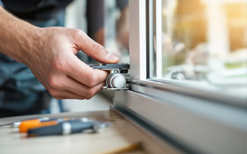 Réglage des galets d'une porte coulissante par un technicien